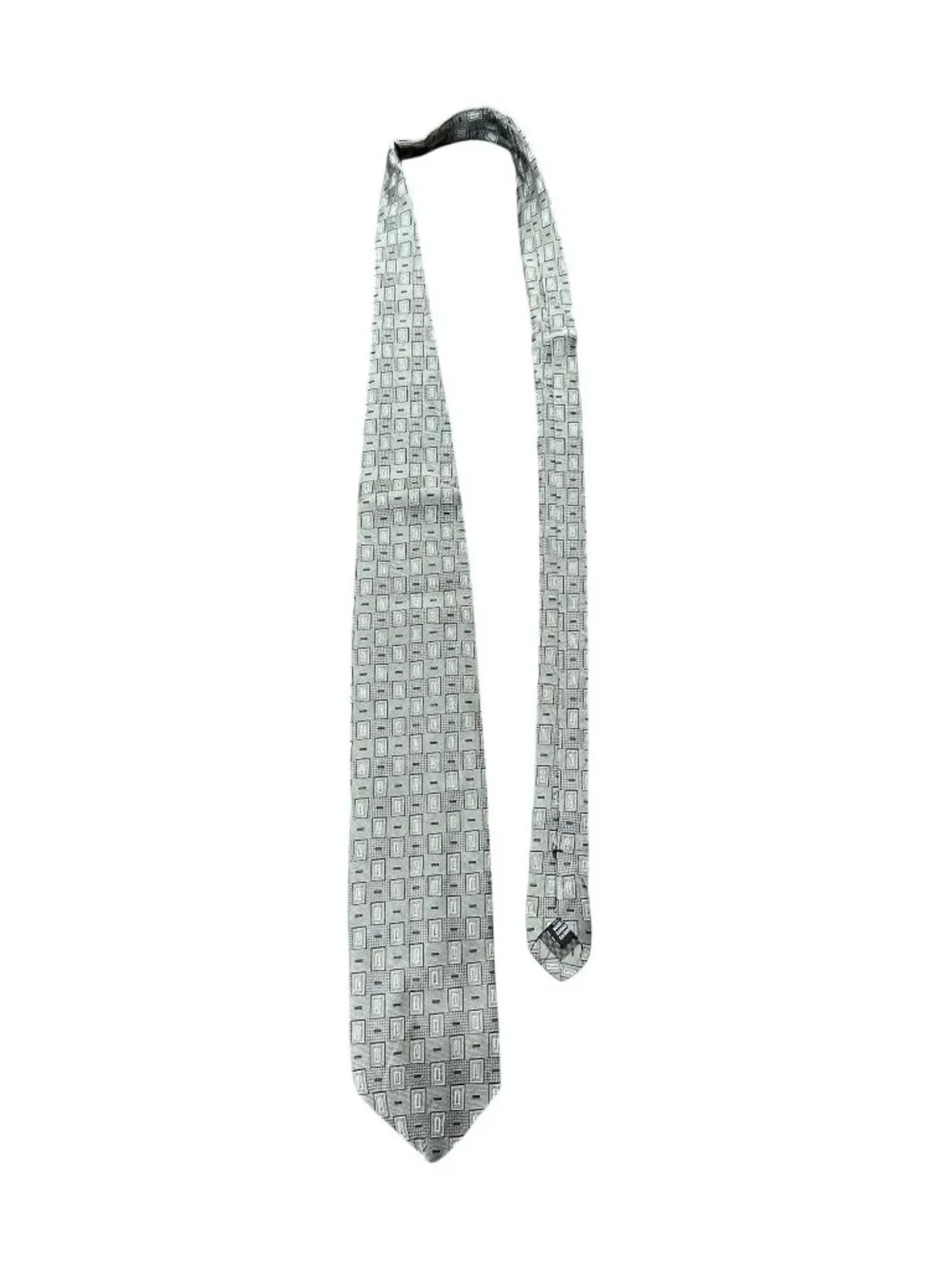 Stefano Conti Mens Black Silver Geometric 100% Italian Silk Tie Vintage Retro